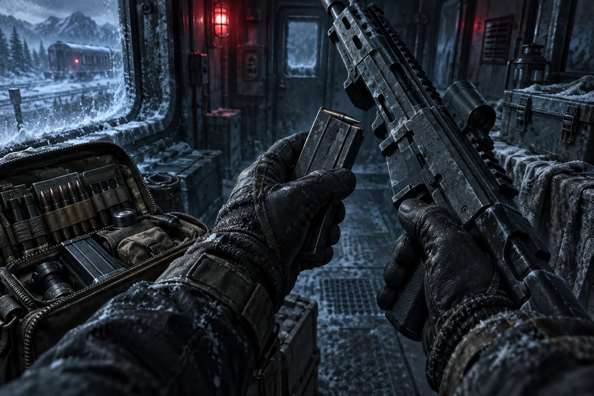 A survivor reloading inside a dim train carriage