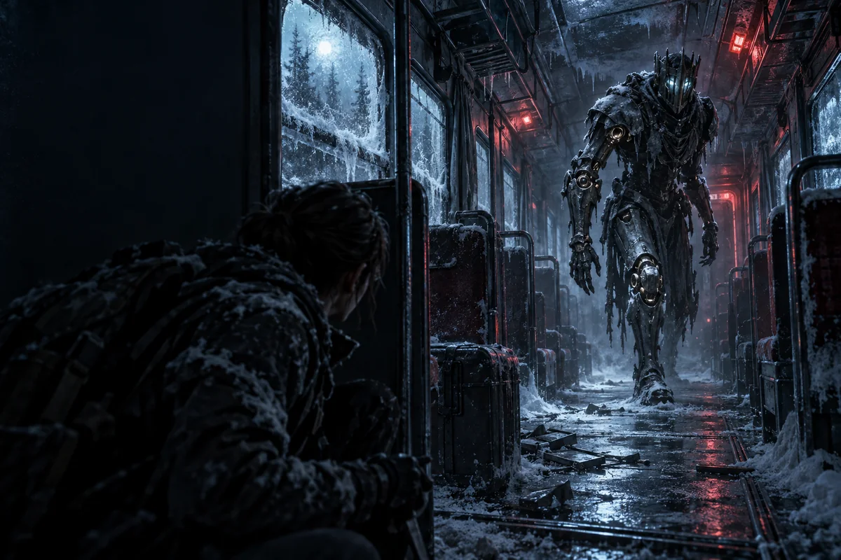 A survivor lining up a shot on an armored threat inside the train