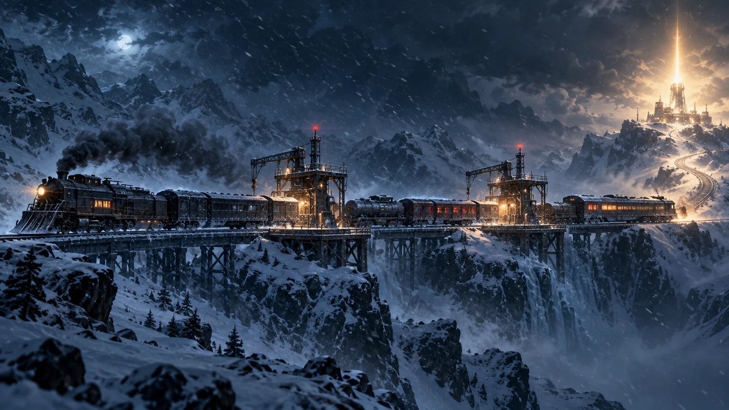 A long survival train crossing three dangerous sections in a snowstorm